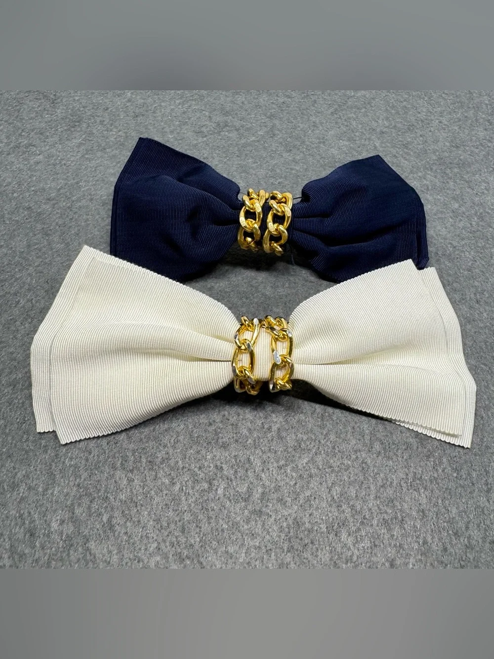 Bow Hair Clips Made In France Ivory Navy Blue Gold Tone Chain- Set Of 2